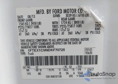 2013 Ford F-150 Xlt из США, поврежденный, VIN 1FTEX1CM9DKF70725